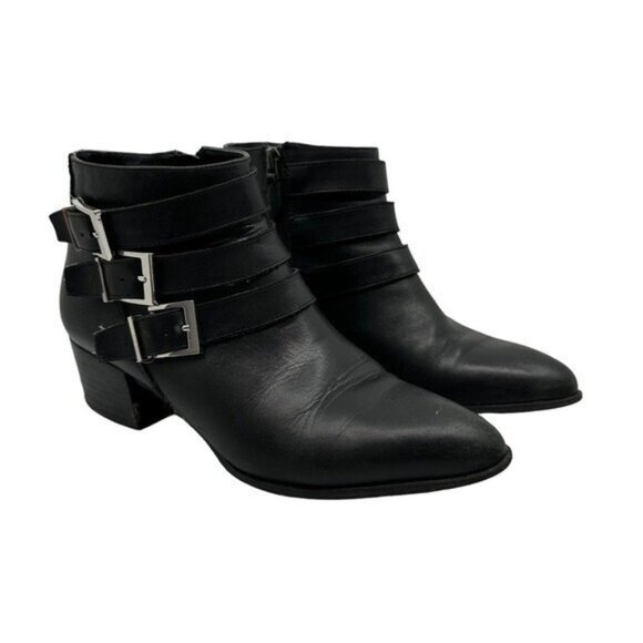 Via Spiga US 8 / 38 Ankle Boots Booties Black Leather Moto Biker Buckles Classic - Picture 1 of 12